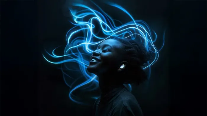 Woman smiling and closing her eyes while wearing earphones. A blue stylistic representation of sound is present.