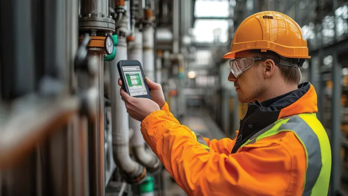 Engineer monitoring emissions with a handheld sensor in a chemical plant