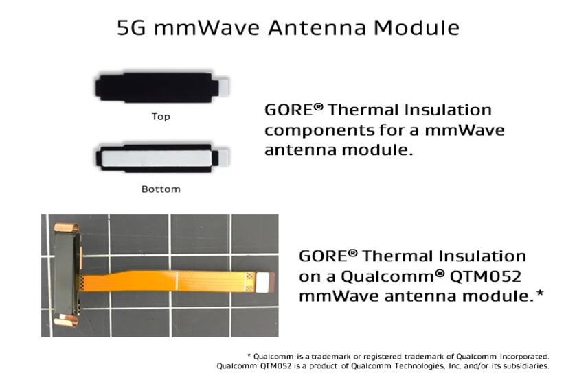 GORE® Thermal Insulation components are shown on  a Qualcomm® QTM052 mmWave antenna module.