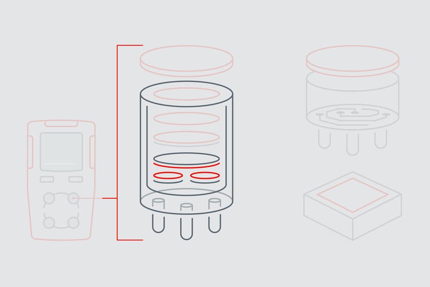 Infographic highlights the membrane at the reference and counter electrode in an EC gas sensor.