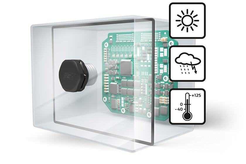 To protect the integrity of enclosures and their seals, a GORE® Protective Vent is shown mounted on an enclosure containing a circuit board.