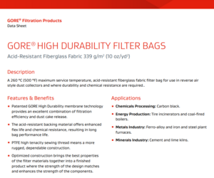 Data Sheet: Fiberglass Fabric High Durability Filter Bag