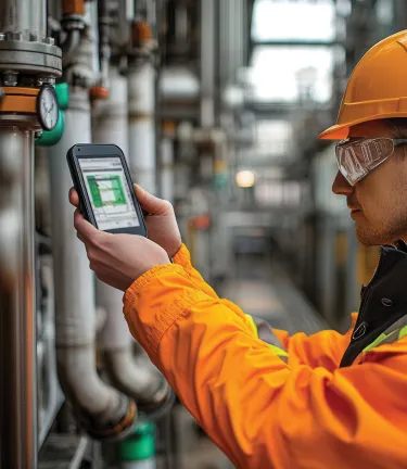 Engineer monitoring emissions with a handheld sensor in a chemical plant