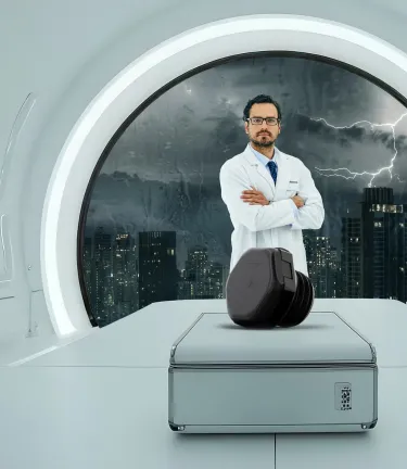Man standing in futuristic lab with vent on table