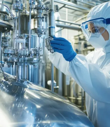 Technician in full PPE adjusting a valve on stainless steel bioprocessing equipment