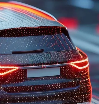 Image of a car driving on a road with bright lights.