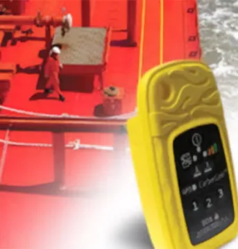 Close up of ORCA® man-overboard alarm system in front of a boat.