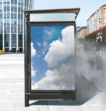 Digital signage at a bus stop in a cloud of pollution from traffic.