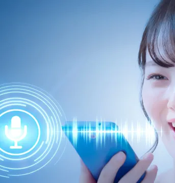 Woman talking on a cellphone with a visual depiction of sound waves