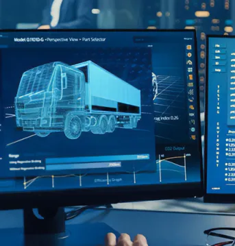 A man viewing a truck on an advanced computer.