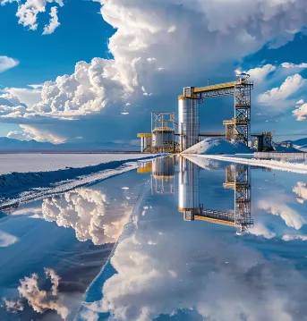 A lithium extraction facility stands on a salt flat, with water channels reflecting the blue sky and fluffy clouds.