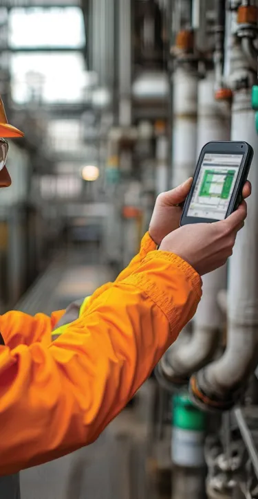Engineer monitoring emissions with a handheld sensor in a chemical plant