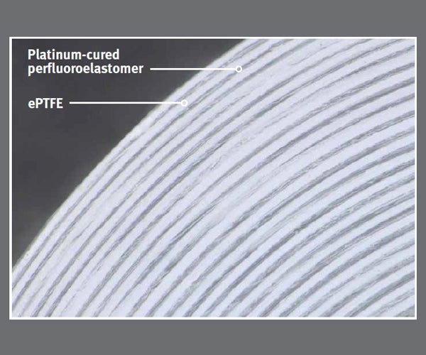 Closeup of tubing structure shows composite of silicone and ePTFE.