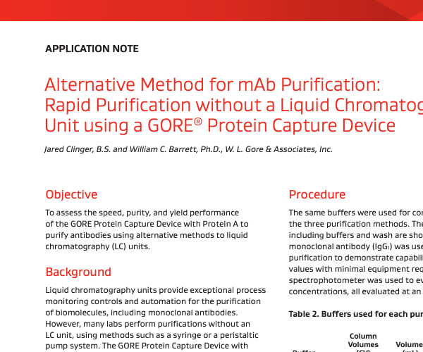 Image of Application Note for GORE® Protein Capture Device Used in Manual LC Methods