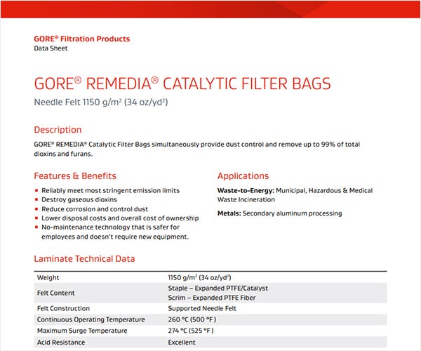 Image of the front page of the GORE REMEDIA Catalytic Filter Bags data sheet