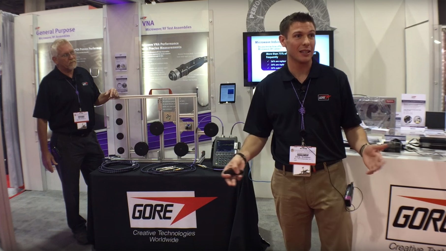 Gore’s engineers use GORE® PHASEFLEX® Microwave/RF Assemblies to test signal integrity of GORE-FLIGHT™ Microwave Assemblies before and after installation
