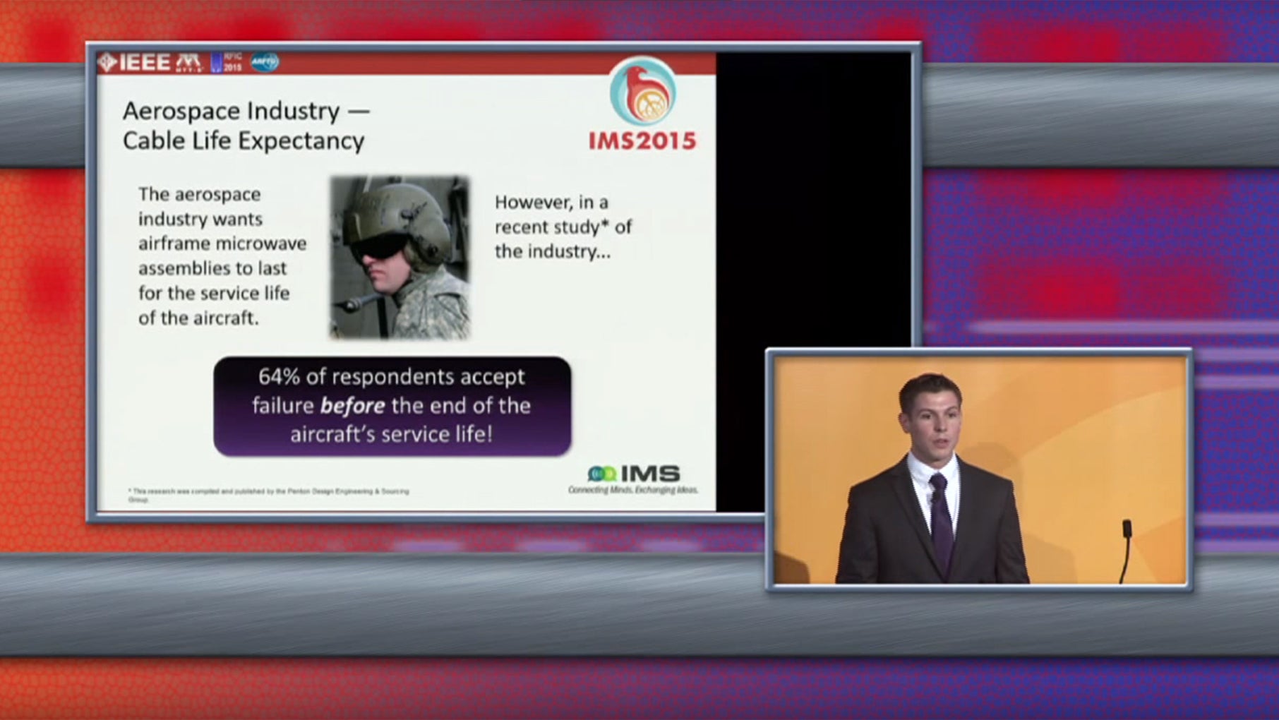 Chris Ericksen delivers Gore’s Micro Apps presentation at IMS on understanding and improving microwave cable performance in aircraft and land vehicles