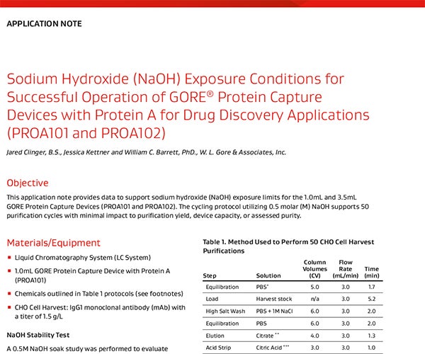 Application Note: Sodium Hydroxide (NaOH) Exposure Conditions for Successful Operation of GORE<sup>®</sup> Protein Capture Devices with Protein A for Drug Discovery Applications